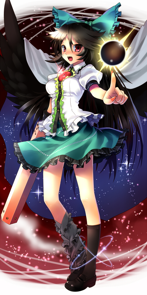 arm_cannon asymmetrical_clothes asymmetrical_clothing asymmetrical_costume black_hair black_legwear black_sun black_wings bow cape foreshortening hair_bow katahira_masashi kneehighs loafers long_hair looking_at_viewer nail_polish open_mouth pointing red_eyes reiuji_utsuho shoes smile solo standing sun third_eye touhou weapon wings