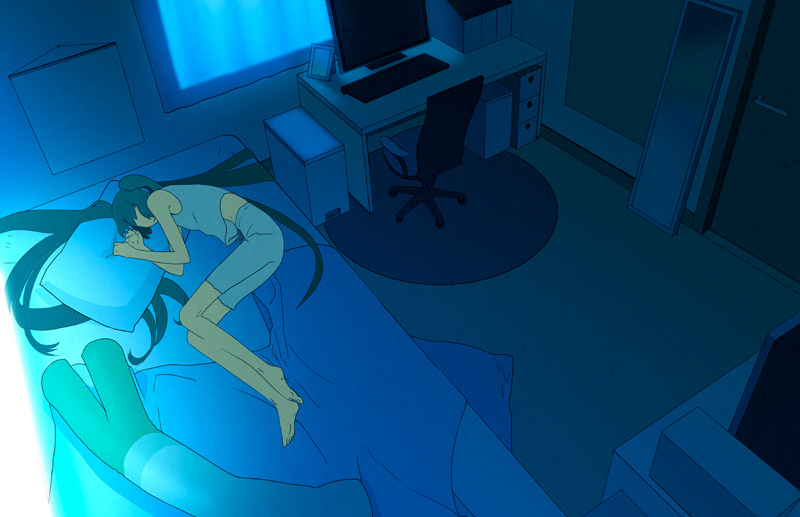 bare_shoulders barefoot bed body_pillow capri_pants computer computer_keyboard dakimakura_(object) feet fetal_position from_above green_hair hatsune_miku long_hair lying midriff monitor office_chair on_side pillow room solo spring_onion table tank_top twintails very_long_hair vocaloid yuanmaru