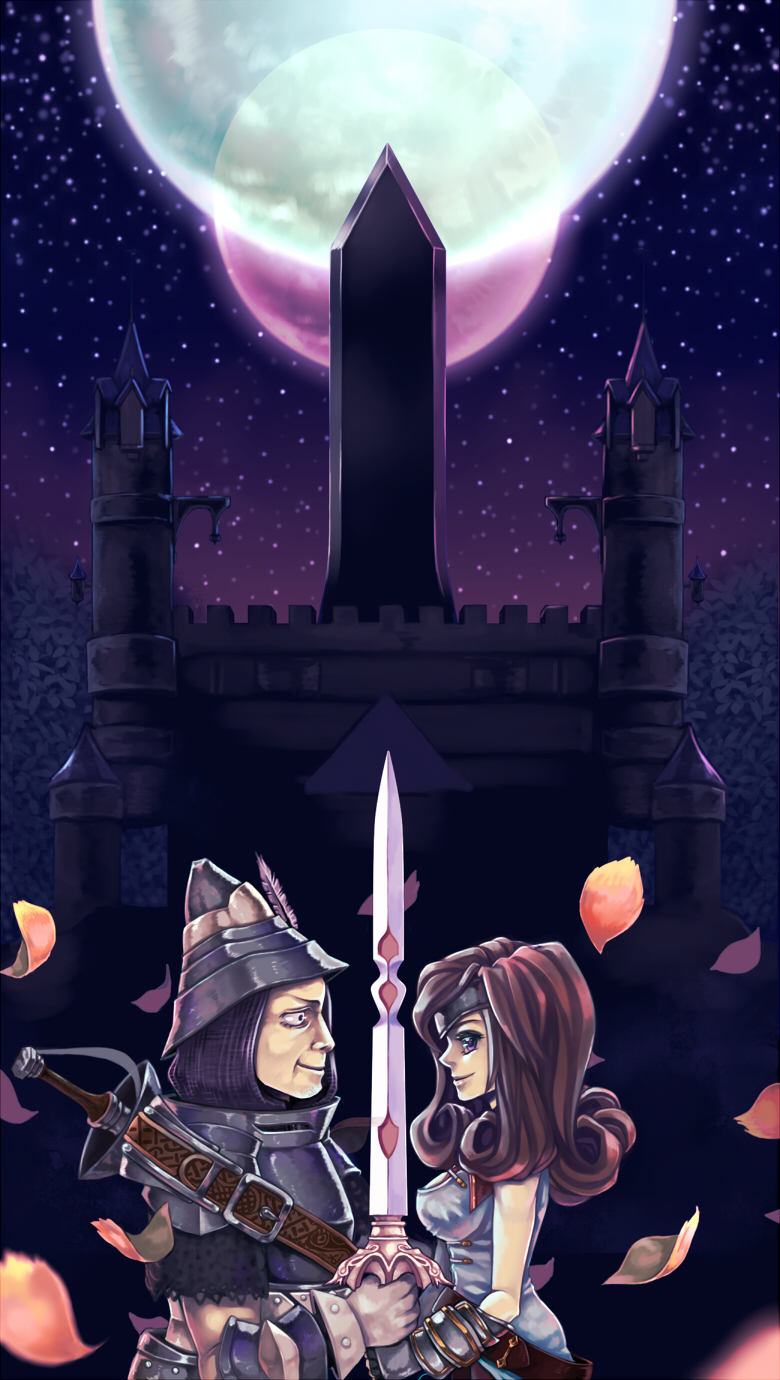 armor avallone beatrix belt brown_hair castle couple curly_hair eyepatch final_fantasy final_fantasy_ix full_moon highres moon night night_sky petals save_the_queen sky sword weapon