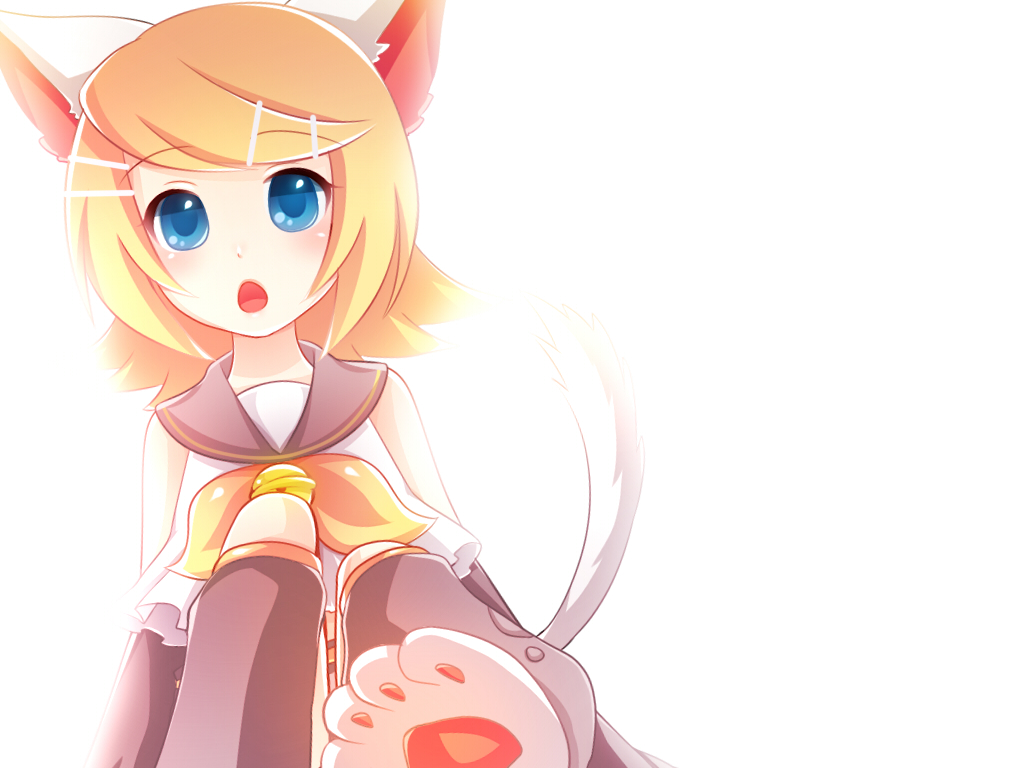 bad_id bell blonde_hair blue_eyes bow cat_ears catgirl detached_sleeves hairclip heki_kiri kagamine_rin looking_up nekomimi open_mouth paws sailor_collar short_hair tail vocaloid