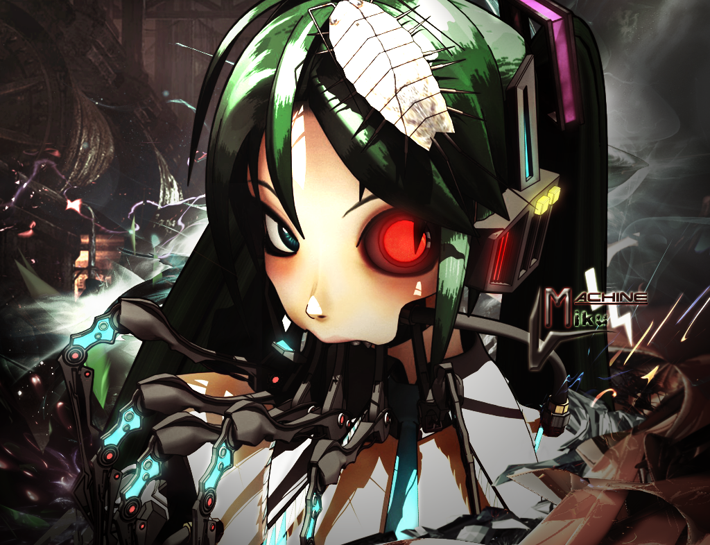 3d android deino green_hair hatsune_miku headphones lice looking_at_viewer machinery red_eyes vocaloid