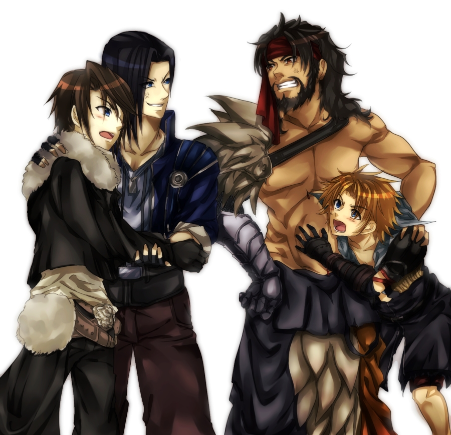 age_difference anger_vein angry armor bandana bandanna beard belt black_gloves black_hair blonde_hair blue_eyes brown_eyes brown_hair dissidia_012_final_fantasy dissidia_final_fantasy facial_hair family father_and_son final_fantasy final_fantasy_viii final_fantasy_x fingerless_gloves fur_collar fur_trim gloves jacket jecht laguna_loire long_hair male multiple_boys seasaltice13 shirtless simple_background spoilers squall_leonhart tidus topless white_background