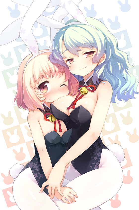 animal_ears bad_id bell bite biting blue_hair blush breasts bunny_ears bunny_tail bunnysuit cleavage detached_collar fake_animal_ears flat_chest floral_print jingle_bell jpeg_artifacts kito kito_(sorahate) large_breasts multiple_girls one_eye_closed original pantyhose pink_hair red_eyes seductive_smile smile smirk tail white_legwear wince wink yuri