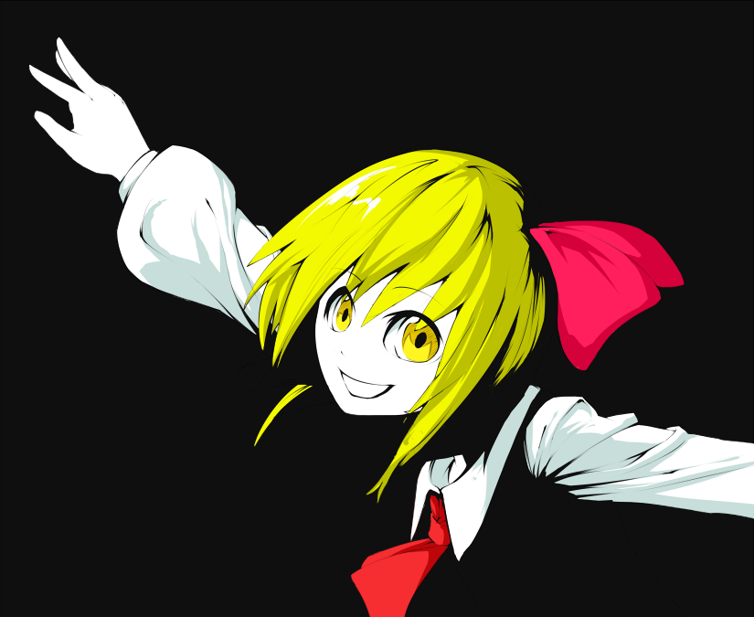 ascot blonde_hair face grin hair_ribbon outstretched_arms peptide ribbon rumia short_hair smile solo spread_arms touhou yellow_eyes youkai