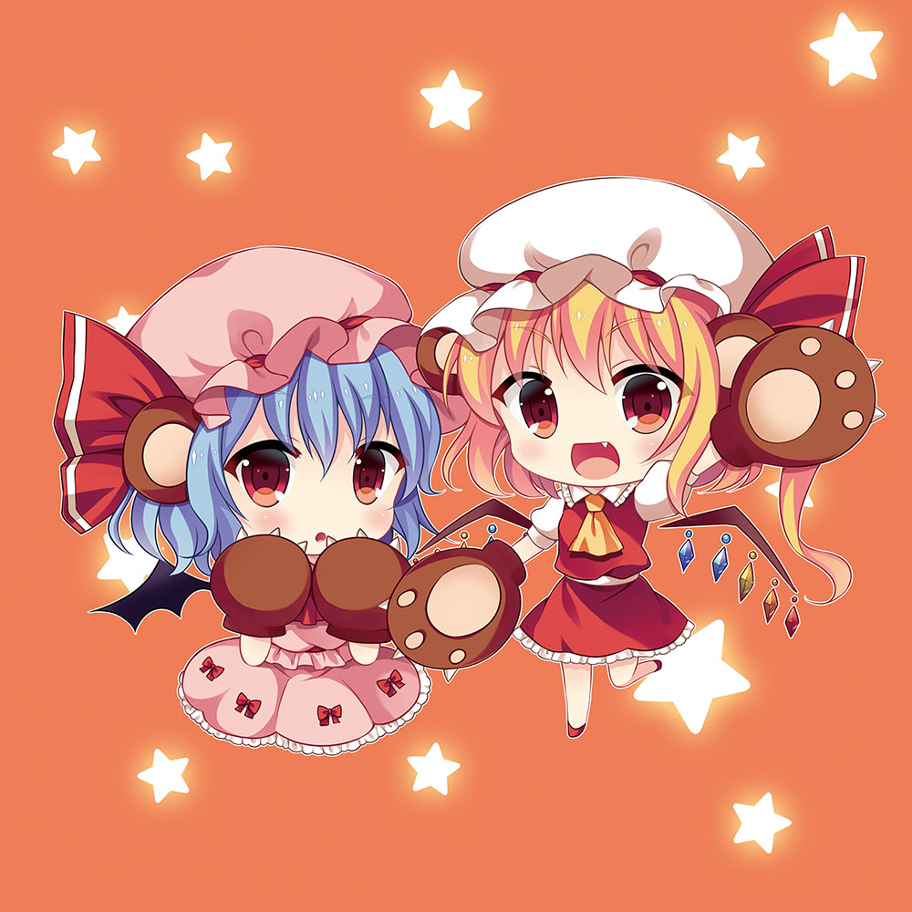 2girls :d :o animal_ears ascot bat_wings bear_ears bear_paws blonde_hair blouse blue_hair blush chibi fang flandre_scarlet gloves looking_at_viewer mob_cap multiple_girls open_mouth paw_gloves red_eyes remilia_scarlet short_hair siblings sisters skirt skirt_set smile star swami touhou vest waving wings