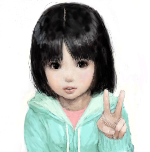 black_hair brown_eyes child face hands hoodie lips long_hair looking_at_viewer original pon solo v young