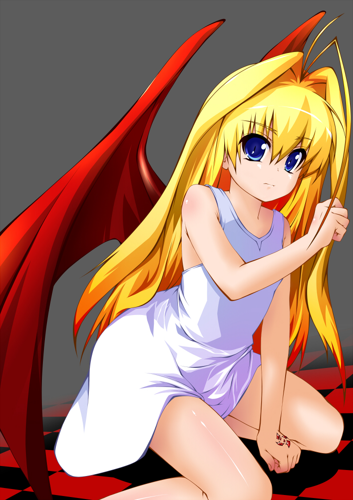 blonde_hair blue_eyes dragon_crisis! dragon_wings el_(canon_jihad) kneeling long_hair rose_(dragon_crisis!) solo wings