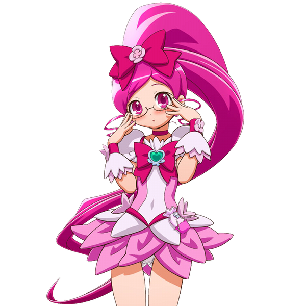 1girl artist_request cure_blossom glasses hanasaki_tsubomi heart heartcatch_precure! magical_girl panties pantyshot pink_eyes pink_hair ponytail precure ribbon solo source_request transparent_background underwear white_panties