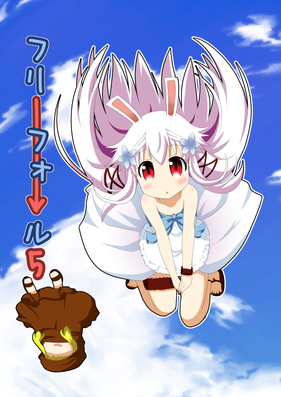 2girls animal_ears bangs blonde_hair bow cloak clouds cloudy_sky cover cover_page doujin_cover dress flower hair_flower hair_ornament hair_tie hood lavender_hair minami_(colorful_palette) multiple_girls original rabbit_ears red_eyes rui_(free_fall) sandals sky strapless_dress thigh_strap wristband