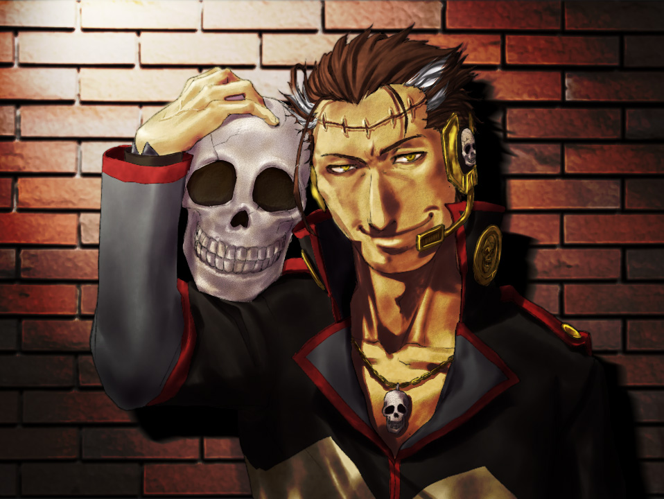 big_al brick_wall brown_hair engloid headset jewelry male namahamu_banana necklace popped_collar scar skull skull_necklace smile solo stitches vocaloid yellow_eyes
