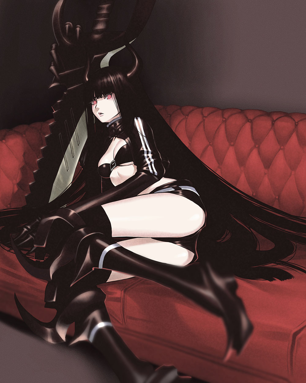 black_hair black_rock_shooter breasts character_request highres horns long_hair open_mouth red_eyes sakamoto_mineji shorts solo sword very_long_hair weapon