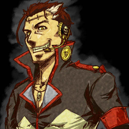 big_al brown_hair engloid grin headphones headset jewelry lowres male namahamu_banana necklace popped_collar scar short_hair skull skull_necklace smile solo stitches vocaloid yellow_eyes