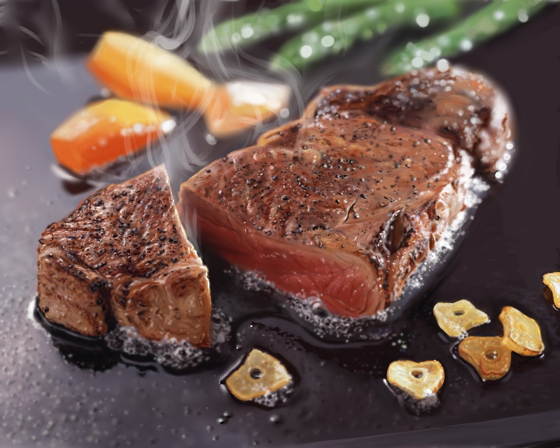 food kya4 meat no_humans photorealistic realistic steak steam still_life vegetable