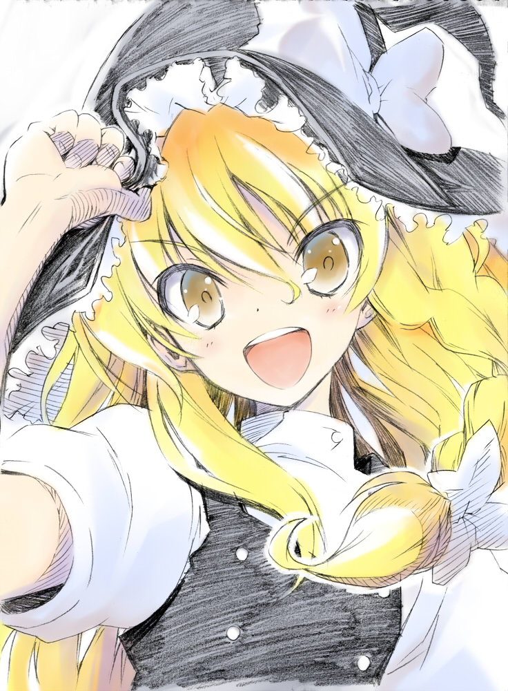 &gt;:) :d blonde_hair bow braid face graphite_(medium) hand_on_hat hands happy hat kirisame_marisa looking_at_viewer mixed_media open_mouth portrait sketch smile solo takahashi_tetsuya touhou traditional_media tsurime witch witch_hat yellow_eyes