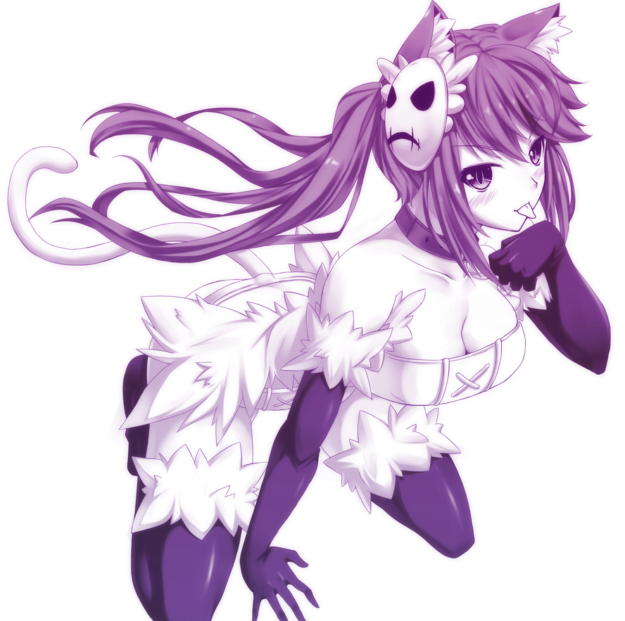 animal_ears arm_gloves breasts cat_ears cat_tail cleavage collar hair_ornament kneeling long_hair monochrome nectar-ii nectar_(fujiya) ponytail purple tail thighhighs tongue twintails yumekui_merry