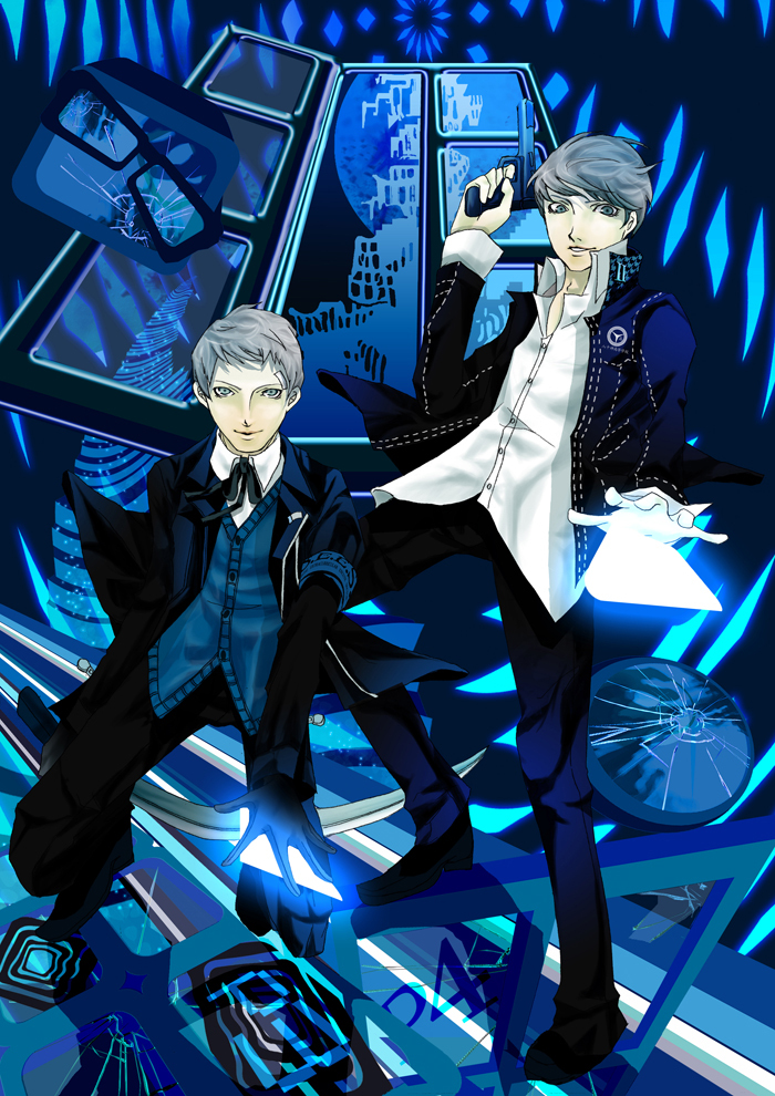 armband blue card card_with_aura glasses grey_hair gun holding holding_card male multiple_boys narukami_yuu persona persona_3 persona_4 sanada_akihiko school_uniform seta_souji short_hair smile tartarus weapon