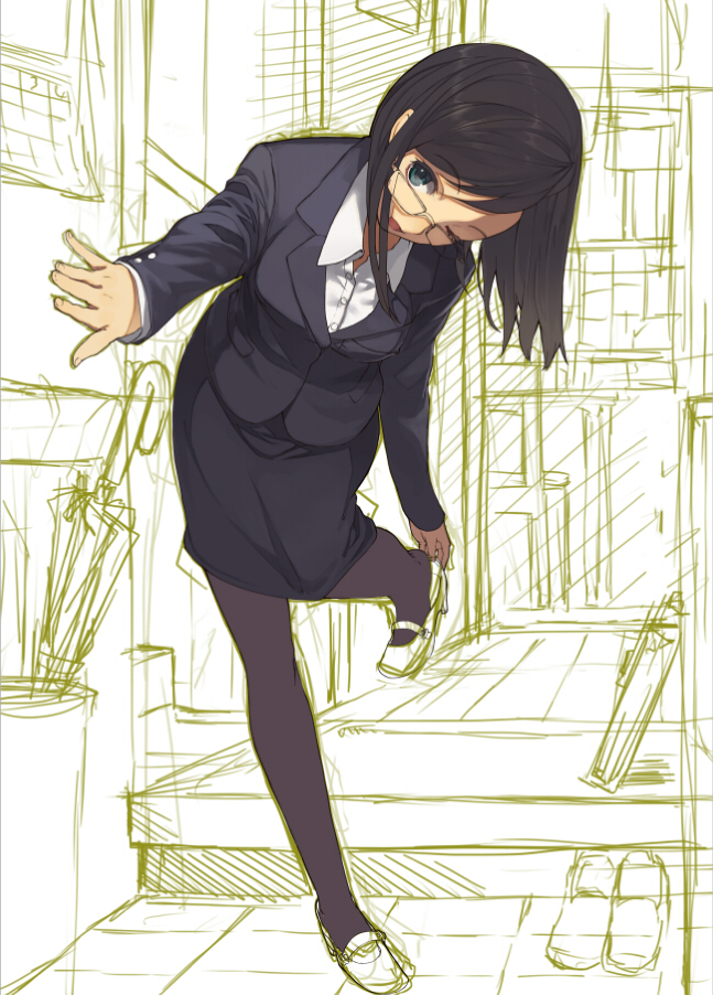 adjusting_shoe black_hair face formal glasses office_lady original pantyhose putting_on_shoes shirabi_(life-is-free) sketch skirt_suit solo suit