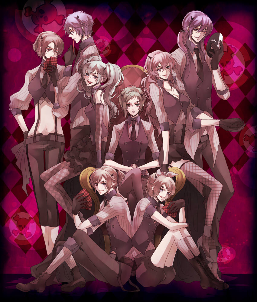 cards chair face_paint facepaint fishnets formal gamu gloves gumi hatsune_miku holding holding_card horns kagamine_len kagamine_rin kaito kamui_gakupo long_hair mask megurine_luka meiko midriff navel necktie pantyhose playing_card playing_cards poker_face_(vocaloid) short_hair shorts sitting skirt smile suit thigh-highs thighhighs twintails vocaloid