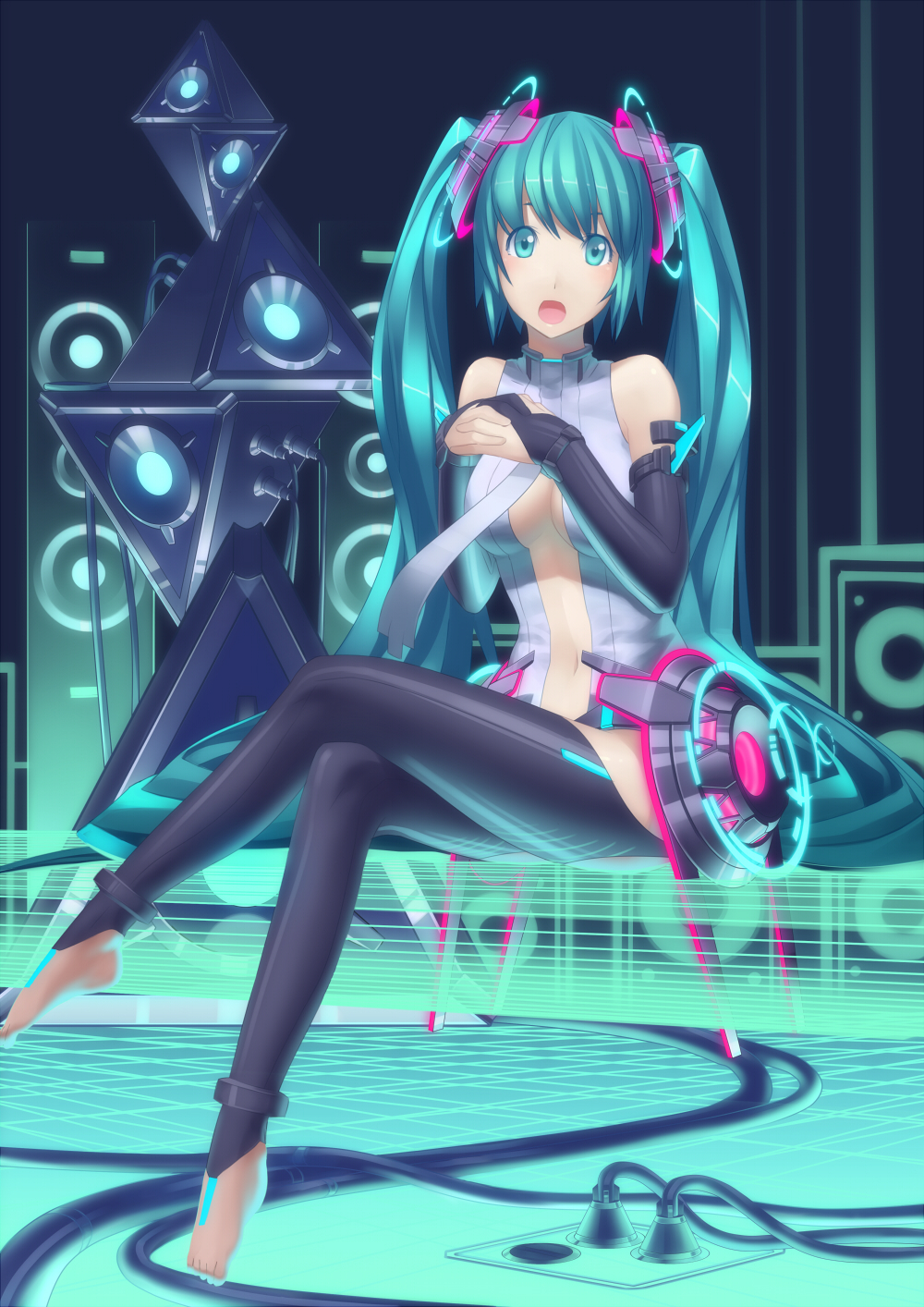 ac_(eshi) anklet aqua_eyes aqua_hair bare_shoulders barefoot bridal_gauntlets crossed_legs elbow_gloves eshi fingerless_gloves gloves hands_clasped hands_together hatsune_miku hatsune_miku_(append) highres jewelry legs long_hair long_legs miku_append navel necktie sitting solo speaker thigh-highs thighhighs thighs toeless_socks twintails vocaloid vocaloid_append