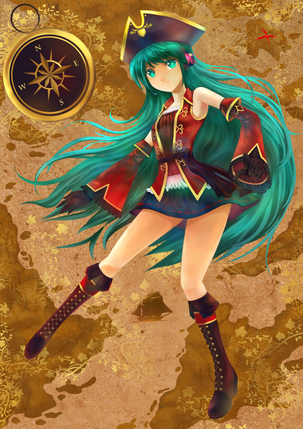 1girl aqua_eyes aqua_hair boots compass detached_sleeves fatherland2009 gloves hat hato_(vocaloid) hatsune_miku headset highres knee_boots long_hair pirate pirate_hat project_diva project_diva_2nd skirt solo very_long_hair vocaloid