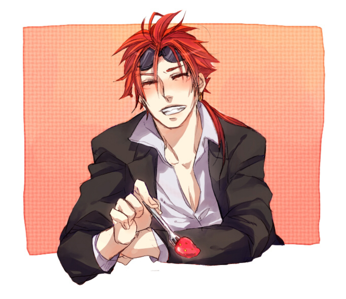 bad_id blush final_fantasy final_fantasy_vii food fork fruit male red_hair redhead reno solo sryk strawberry sunglasses