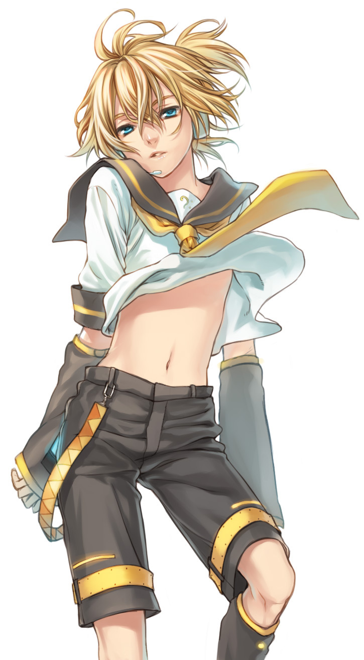 blonde_hair blue_eyes headphones highres kagamine_len male midriff ponytail solo vocaloid yuuryuu_nagare