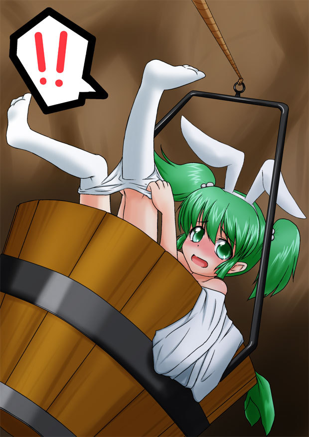 animal_ears ashcape bucket bunny_ears dressing girl_in_bucket green_eyes green_hair hair_bobbles hair_ornament in_bucket in_container kisume pantyhose short_hair solo touhou twintails white_legwear white_pantyhose
