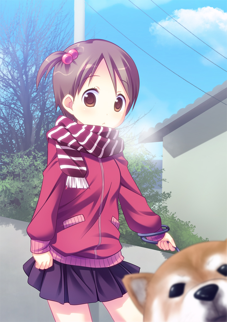 brown_eyes brown_hair child cloud clouds coat cold dog hair_bobbles hair_ornament ichigo_mashimaro itou_chika natsukon satake_(ichigo_mashimaro) scarf short_hair side_ponytail skirt