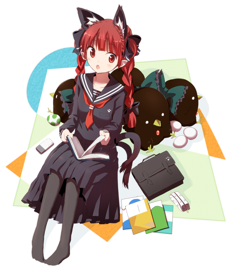 :o animal_ears black_legwear black_pantyhose book braid cat_ears cat_tail contemporary duplicate egg extra_ears fang gochou_(comedia80) hair_ribbon kaenbyou_rin multiple_tails pantyhose red_eyes red_hair reiuji_utsuho reiuji_utsuho_(bird) revision ribbon school_uniform serafuku solo super_mario_bros. tail touhou twin_braids twintails yoshi_egg