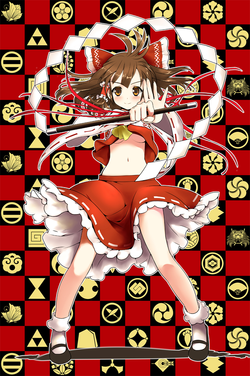 &gt;:) ascot bobby_socks bow breasts brown_eyes brown_hair crest detached_sleeves foreshortening gohei hair_bow hakurei_reimu hands highres mahan mary_janes midriff miko navel no_bra shoes short_hair smile socks solo standing touhou under_boob underboob wind