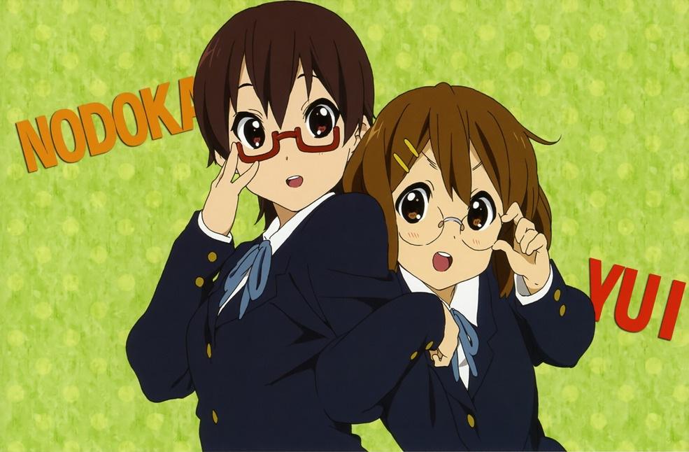 &gt;:) &gt;:d :d absurdres adjusting_glasses arm_hug bespectacled glasses half_rim_glasses highres hirasawa_yui k-on! locked_arms manabe_nodoka multiple_girls nodoka_glasses official_art open_mouth red-framed_glasses rimless_glasses school_uniform semi-rimless_glasses smile under-rim_glasses