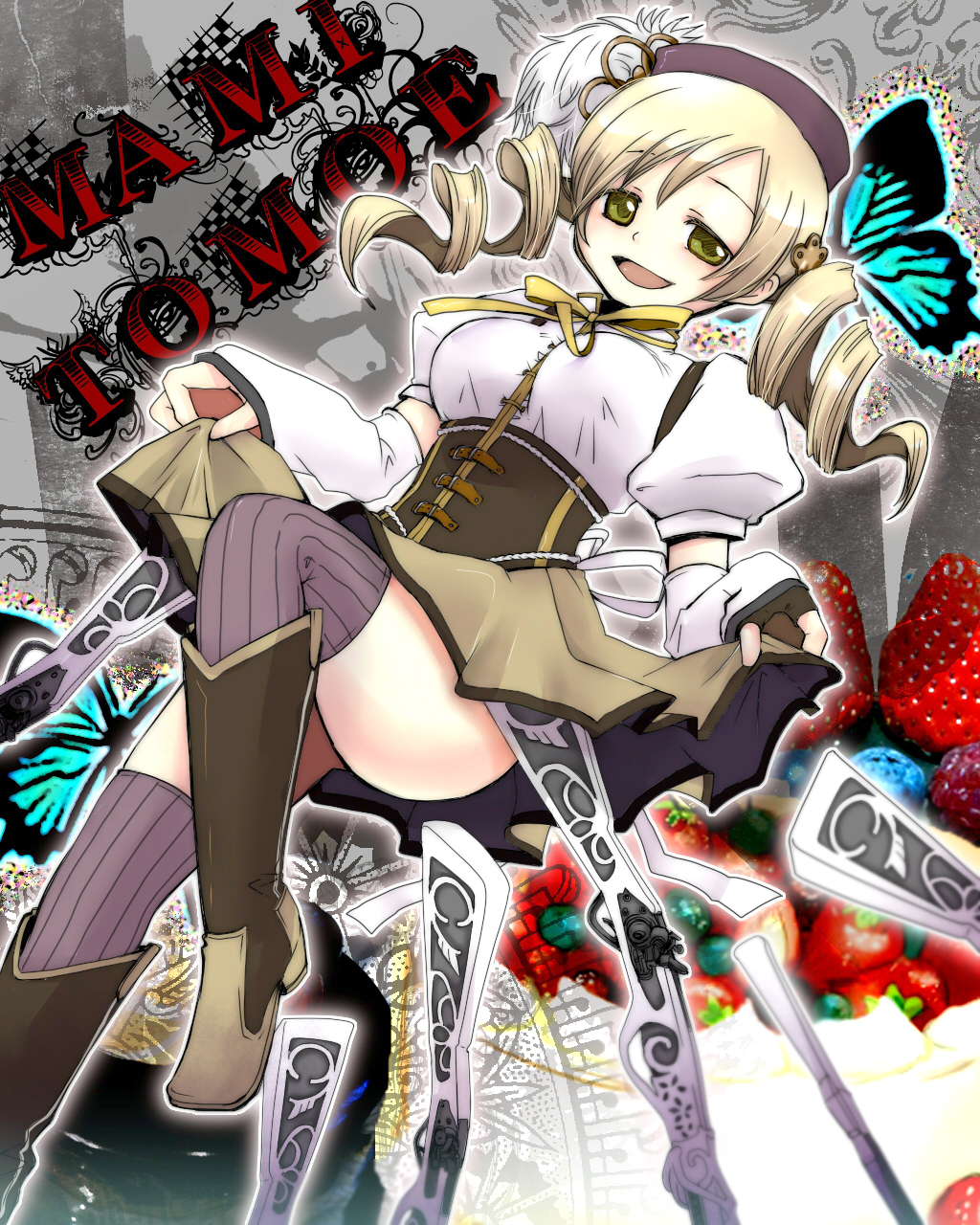 antique_firearm beret blonde_hair blurry boots butterfly depth_of_field detached_sleeves drill_hair fingerless_gloves firelock flintlock gloves gun hair_ornament hairpin hat highres ichiseal long_hair magical_girl magical_musket mahou_shoujo_madoka_magica musket open_mouth pleated_skirt puffy_sleeves ribbon rifle skirt skirt_lift smile solo thigh-highs thighhighs tomoe_mami twintails vertical-striped_legwear vertical_stripes weapon yellow_eyes zettai_ryouiki