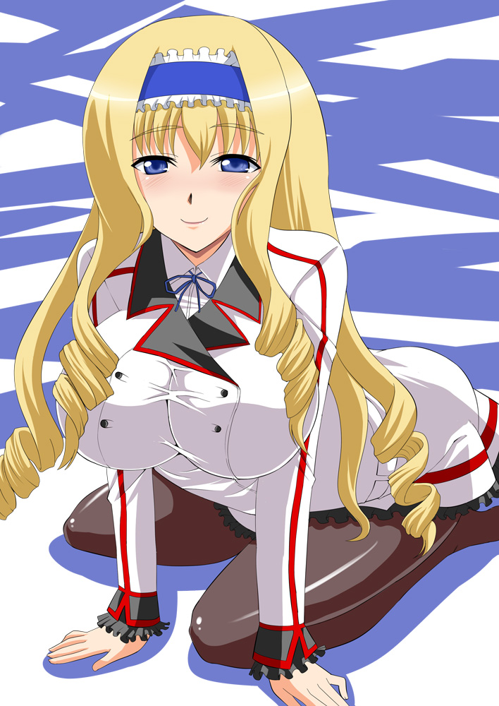 blue_eyes breasts cecilia_alcott curly_hair drill_hair hair_ribbon infinite_stratos large_breasts long_hair pantyhose pzeros ribbon school_uniform smile solo zerosu_(take_out)