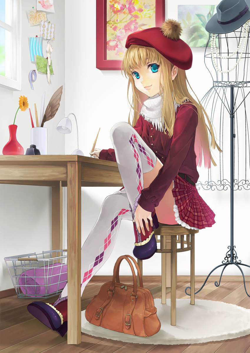 argyle argyle_legwear argyle_thighhighs bad_id bag basket beret blonde_hair brush degrees_celsius drawing fedora flower hat high_heels highres indoors inkwell jacket jewelry lamp leg_up lips miniskirt necklace original pearl pearl_necklace photo_(object) picture quill rug school_uniform shawl shoes sitting skirt smile solo stool table thigh-highs thighhighs vase window zettai_ryouiki
