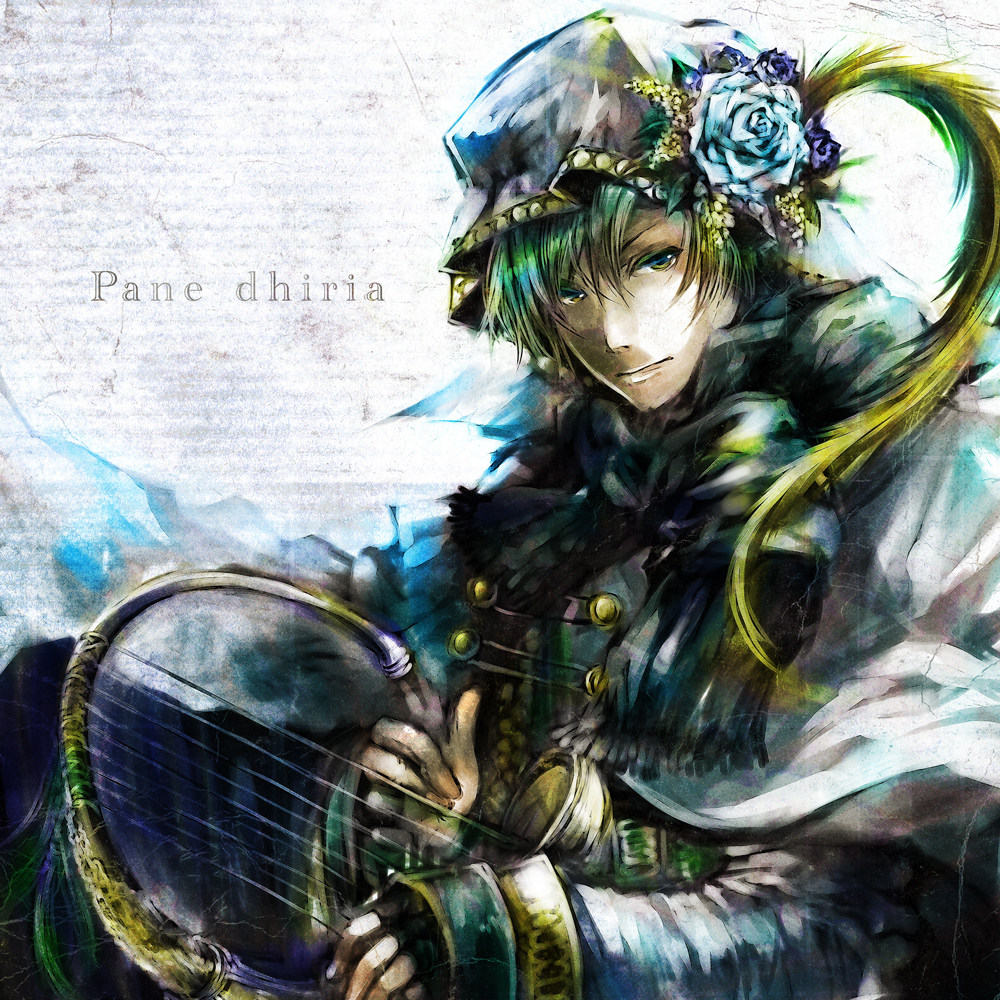 blue_eyes blue_hair cd_cover flower hair_flower hair_ornament harp hood instrument kaito male pane_dhiria_(vocaloid) short_hair solo umu umu_(um) vocaloid