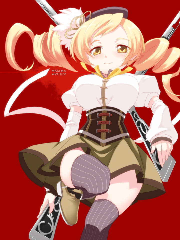 beret blonde_hair blush boots detached_sleeves drill_hair gun hair_ornament hairpin hat hazuki_gean magical_musket mahou_shoujo_madoka_magica pleated_skirt puffy_sleeves red_background ribbon rifle simple_background skirt smile solo thigh-highs thighhighs tomoe_mami twintails vertical-striped_legwear vertical_stripes weapon yellow_eyes zettai_ryouiki