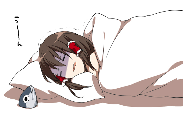 blanket closed_eyes eyes_closed fish hair_tubes hakurei_reimu nightmare pillow rin_(royal) shaded_face sleeping solo touhou under_covers