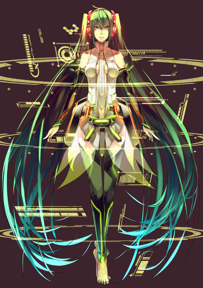 a.q.u.a ahoge aqua_hair bad_id barefoot bridal_gauntlets elbow_gloves gloves green_eyes green_hair hatsune_miku hatsune_miku_(append) long_hair miku_append nail_polish necktie solo thigh-highs thigh_gap thighhighs thighs twintails very_long_hair vocaloid vocaloid_append