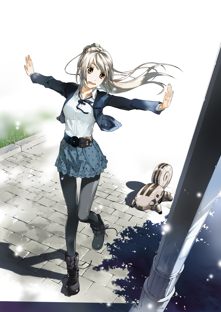 blonde_hair boots justminor long_hair orange_eyes original outstretched_arms pantyhose ponytail robot shadow silver_hair skirt solo sparkle spread_arms standing_on_one_leg