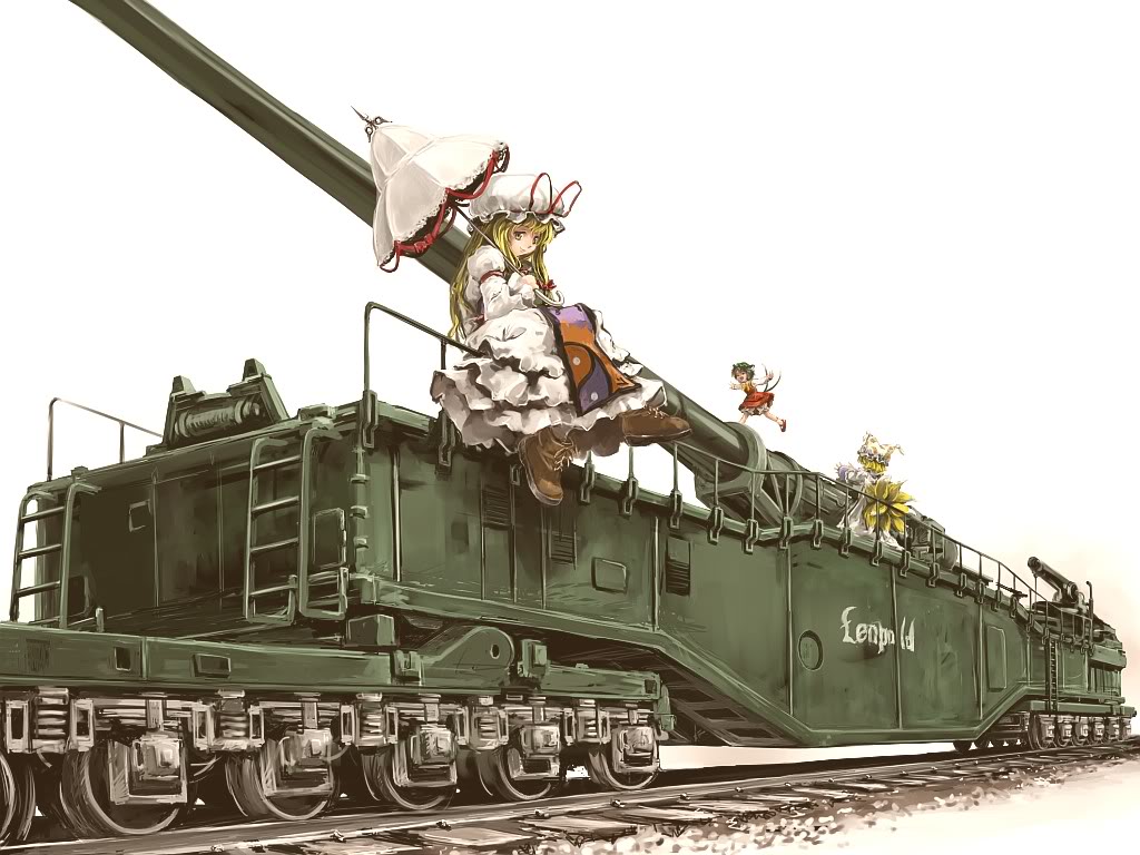 animal_ears artillery blonde_hair brown_hair cannon cat_ears cat_tail chen chikin fox_ears fox_tail hat krupp_k5_leopold long_hair multiple_tails railway_gun short_hair tail touhou train umbrella wwii yakumo_ran yakumo_yukari