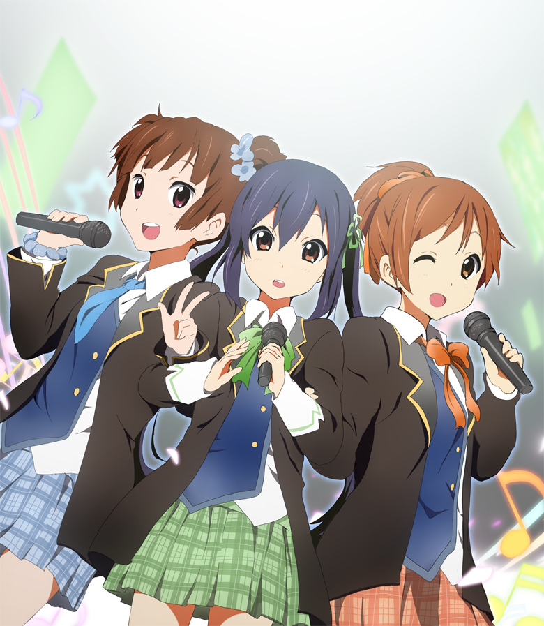 :d ;d blazer hatasuke hirasawa_ui k-on! microphone multiple_girls nakano_azusa open_mouth plaid plaid_skirt skirt smile suzuki_jun v wink