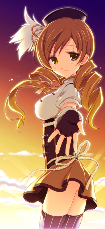 blonde_hair drill_hair fingerless_gloves gloves hat long_hair mahou_shoujo_madoka_magica odawara_hakone skirt smile solo thigh-highs thighhighs tomoe_mami yellow_eyes