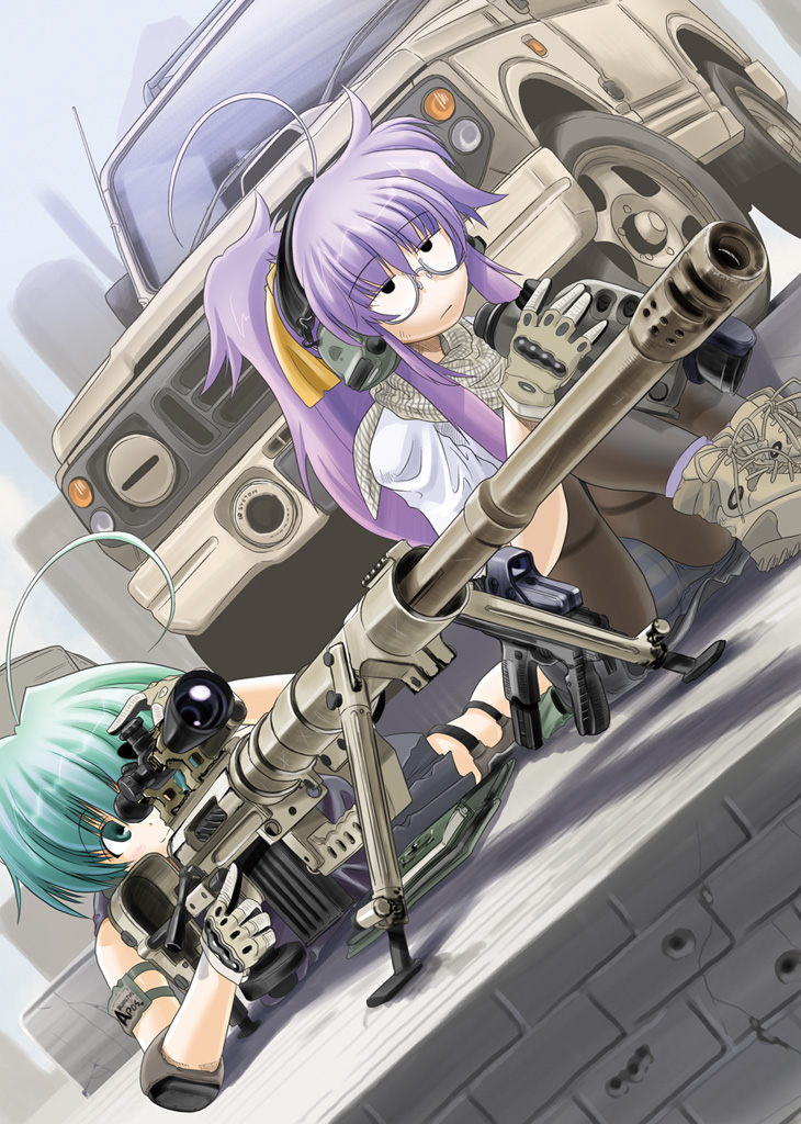 ahoge aqua_eyes aqua_hair bipod bolt_action cheytac_m200 copyright_request dutch_angle excel_(artist) glasses gloves gun long_hair motor_vehicle multiple_girls panties panties_under_pantyhose pantyhose pantyshot pantyshot_(sitting) pantyshot_sitting ponytail purple_hair rifle scope sitting sniper sniper_rifle sniper_team striped striped_panties trigger_discipline truck underwear vehicle weapon