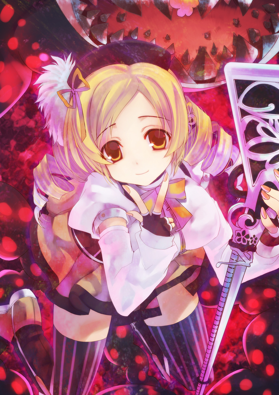 beret blonde_hair boots breasts charlotte_(madoka_magica) detached_sleeves drill_hair fingerless_gloves fingernails gloves gun hair_ornament hairpin hat highres kneeling long_hair magical_girl magical_musket mahou_shoujo_madoka_magica pleated_skirt puffy_sleeves ribbon rifle skirt smile solo tahya thigh-highs thighhighs tomoe_mami twin_drills twintails vertical-striped_legwear vertical_stripes weapon yellow_eyes zettai_ryouiki