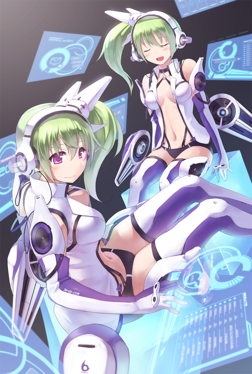 closed_eyes display elbow_gloves eyes_closed gloves green_hair headphones highres multiple_girls navel open_mouth original purple_eyes siblings side_ponytail sisters sitting thigh-highs thighhighs twins violet_eyes zenn