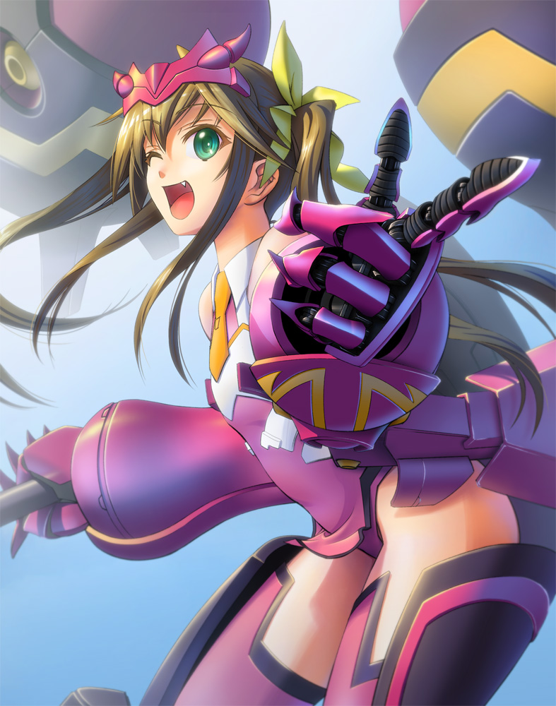 brown_hair fang fang_lin_yin flat_chest foreshortening green_eyes hair_ribbon huang_lingyin infinite_stratos long_hair mecha_musume open_mouth pilot_suit pinakes pinax pointing ribbon shenlong solo twintails very_long_hair wink