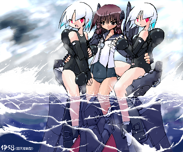 braid brown_hair imperial_japanese_navy kaiten mecha_musume military multiple_girls no_pants ocean oekaki one-piece_swimsuit open_mouth original personification red_eyes school_swimsuit short_hair submarine swimsuit swimsuit_under_clothes torpedo white_hair world_war_ii wwii yonezuka_ryou