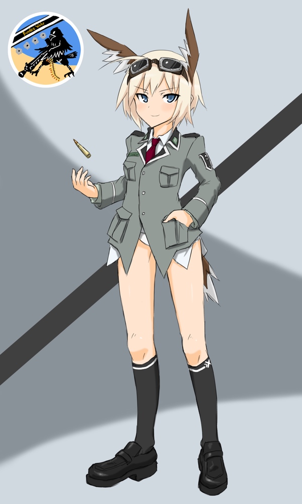 blonde_hair blue_eyes bullet commentary goggles head_wings mary_janes nina_georgina_marseille ogitsune_(ankakecya-han) shoes strike_witches strike_witches_1991 tail uniform
