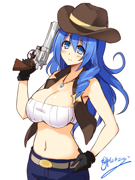 1girl blue_eyes blue_hair breasts cleavage cu-no gloves gun hat kikyou-0423 kohitsuji_ai long_hair midriff navel solo weapon
