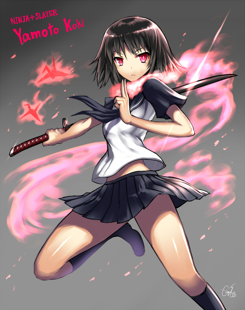 1girl black_hair character_name copyright_name gia katana ninja_slayer red_eyes school_uniform serafuku short_hair solo sword weapon yamoto_koki